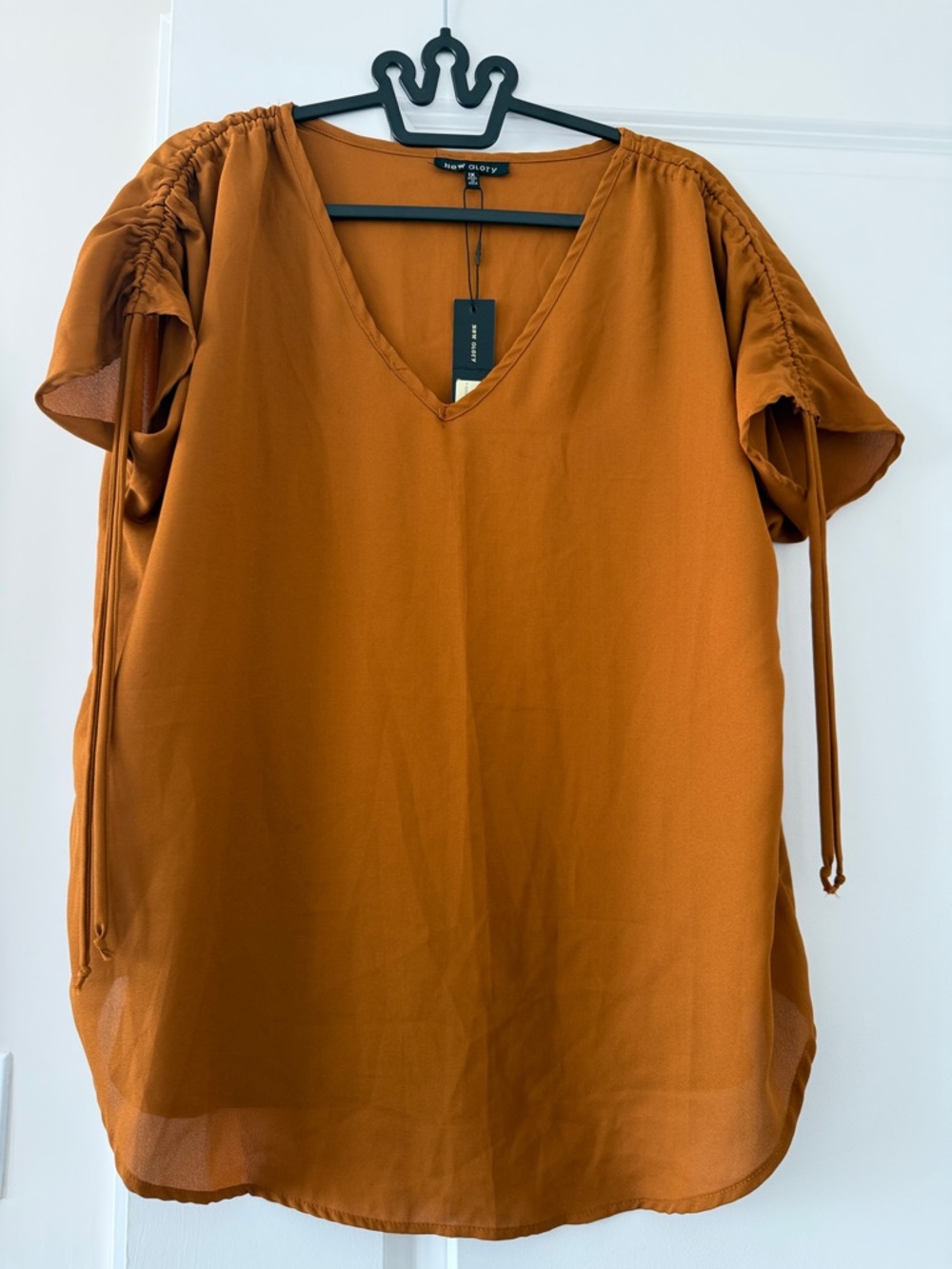 Theory Rust V-Neck Short Sleeve Drawstring Blouse